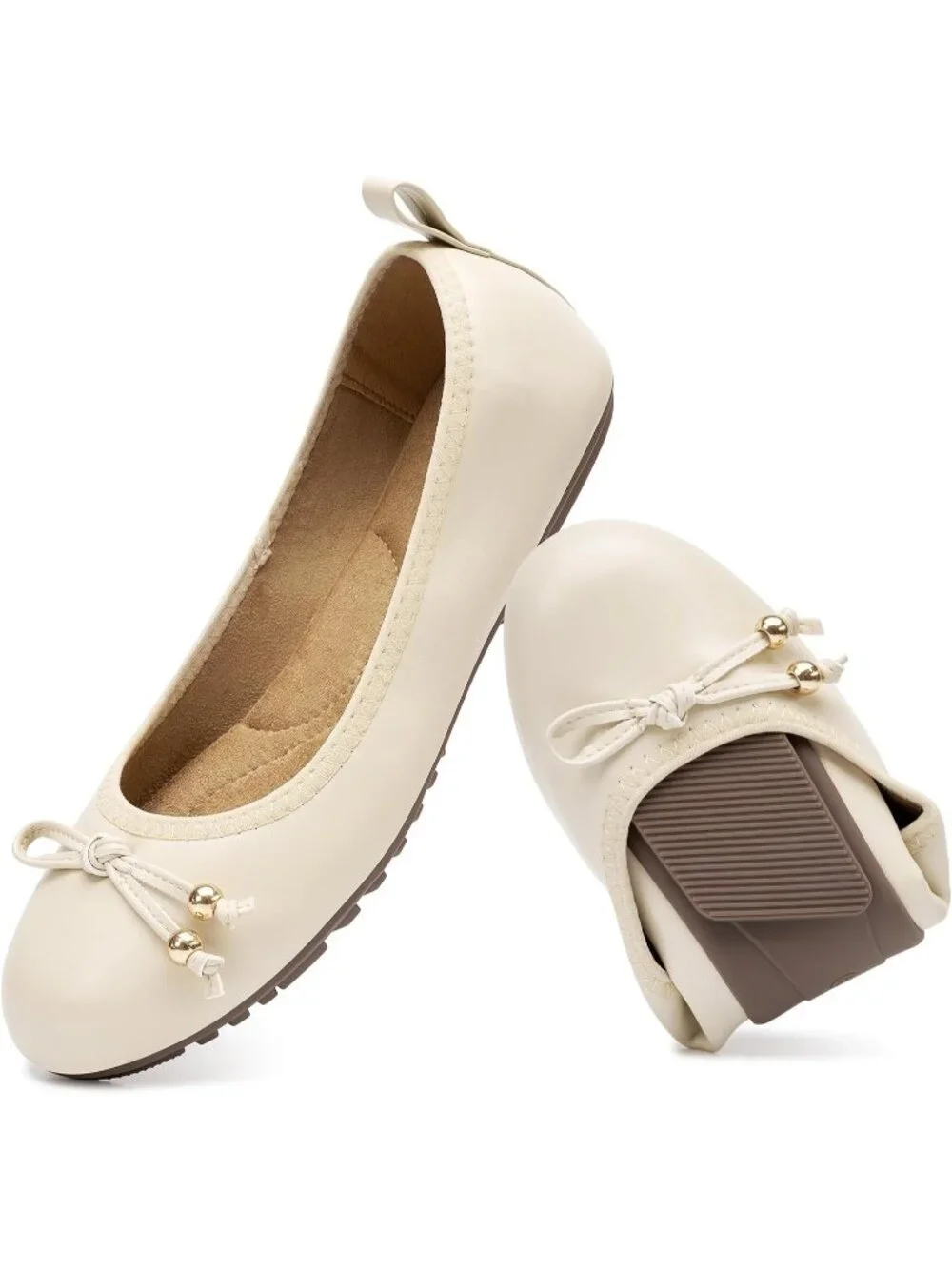 Women's Beige PU Leather Round Toe Ballet Flats Slip-On Cushioned Comfort Shoes